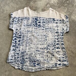 Lungo Larno Shirt Women 1X Beige Blue Linen Short Sleeve Italy Casual‎ Career